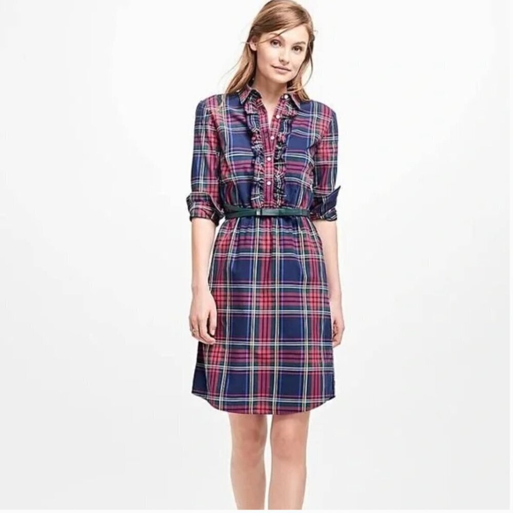 Brooks Brothers Plaid Ruffle Front Long Sleeve Shirt Dress, size 2